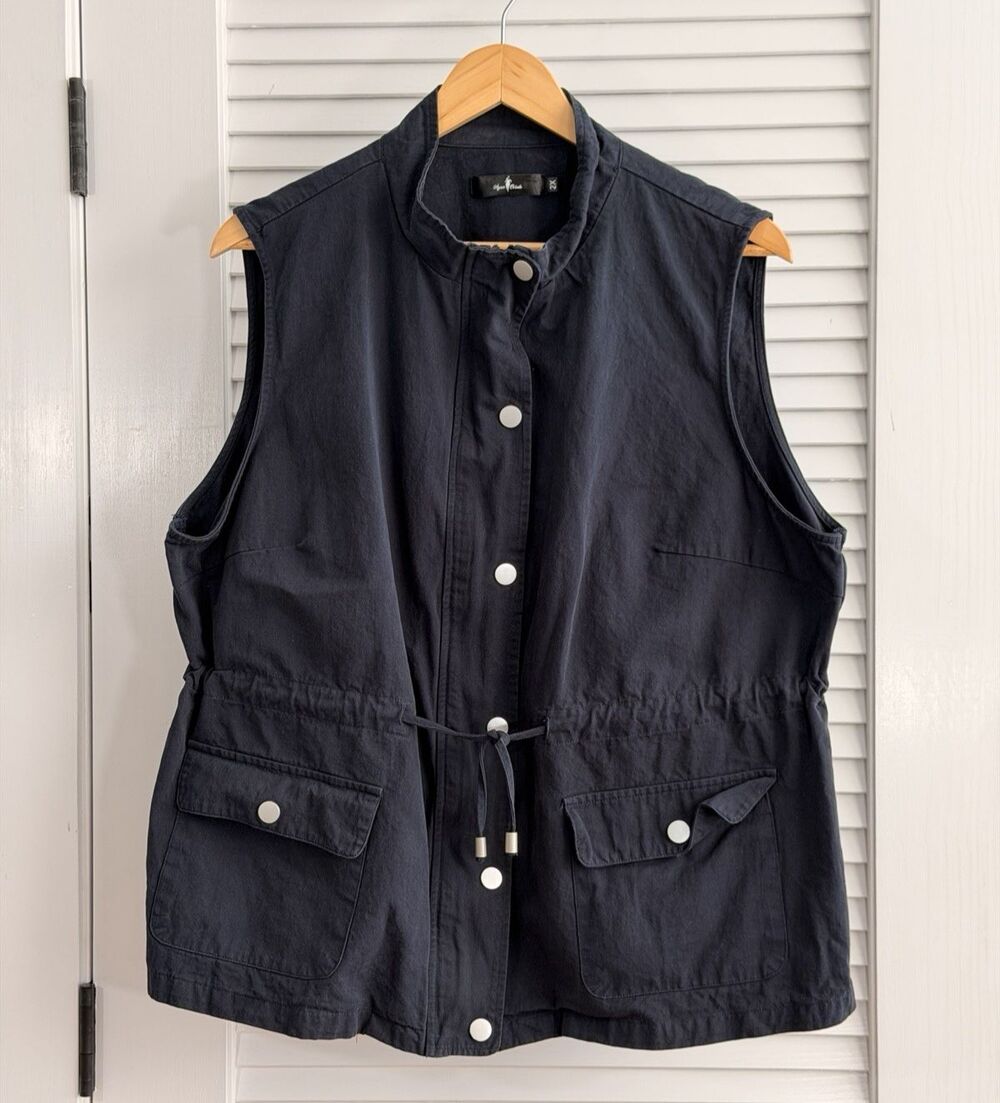 Agnes Orinda Utility Vest Womens 2X Navy Cotton Safari Cargo Drawstring Safari